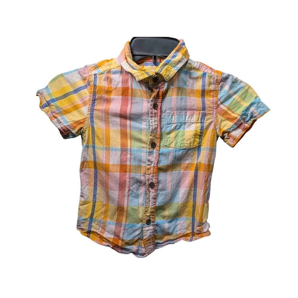 Cat & Jack Button Down Shirt Kids 4T Multicolor Plaid Excellent Short Sleeve